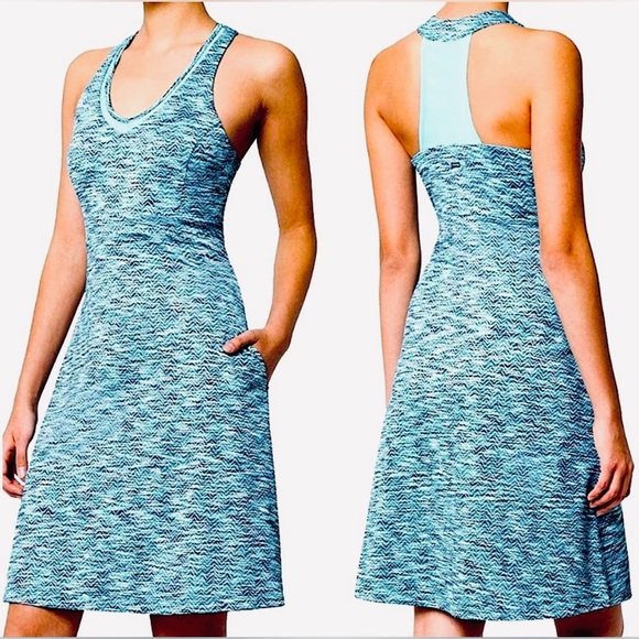 MPG Dresses & Skirts - MPG Active Travel Dress Pockets Teal Boho Chevron Print A-Line Mesh Racerback